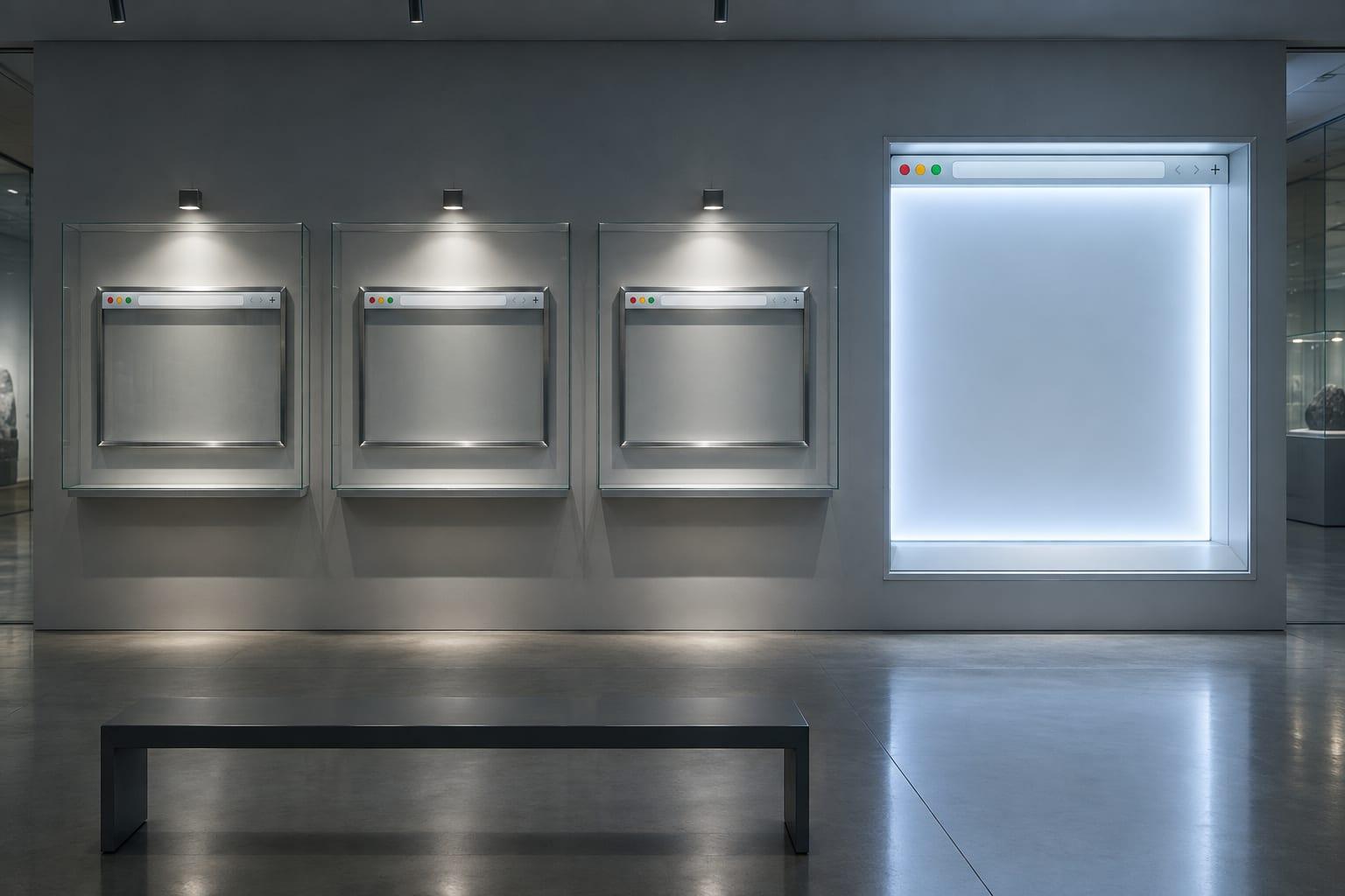 Three empty browser-window frames displayed in glass museum cases on a grey gallery wall, with a fourth larger browser window glowing from inside the wall beside them