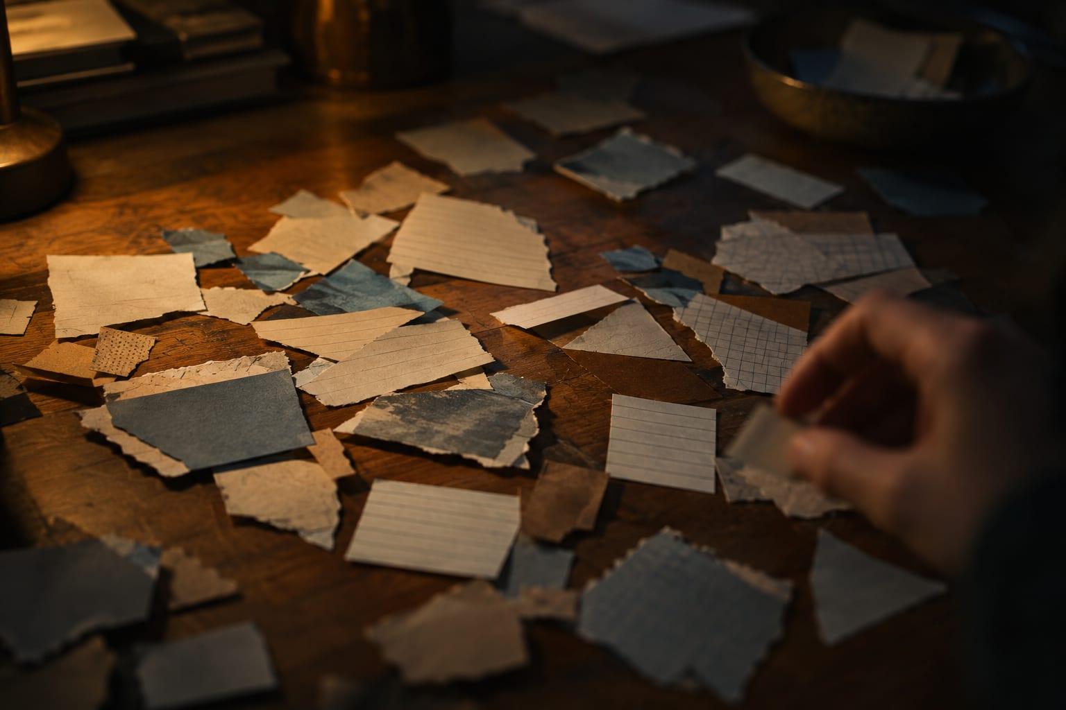 Torn scraps of blank paper spread across a dark wooden desk under a warm lamp, with a hand reaching in to pick one up