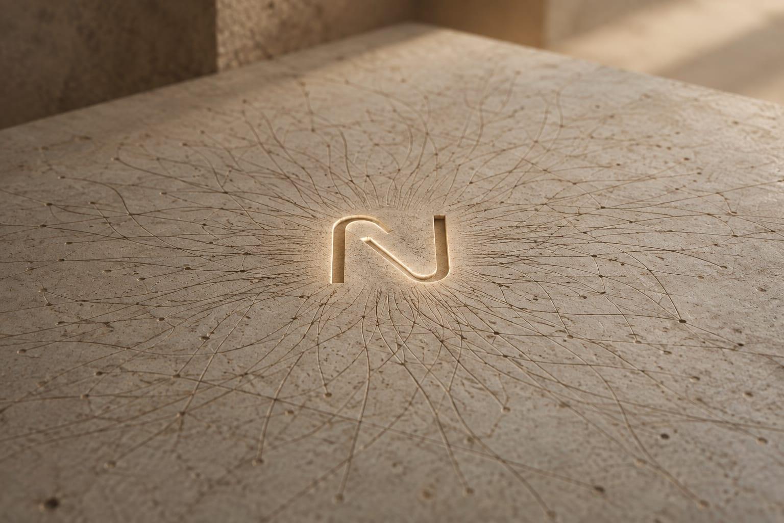 A close-up of an angular monogram cut into a pale limestone slab and lit from within, with fine hairline cracks radiating outward across the stone