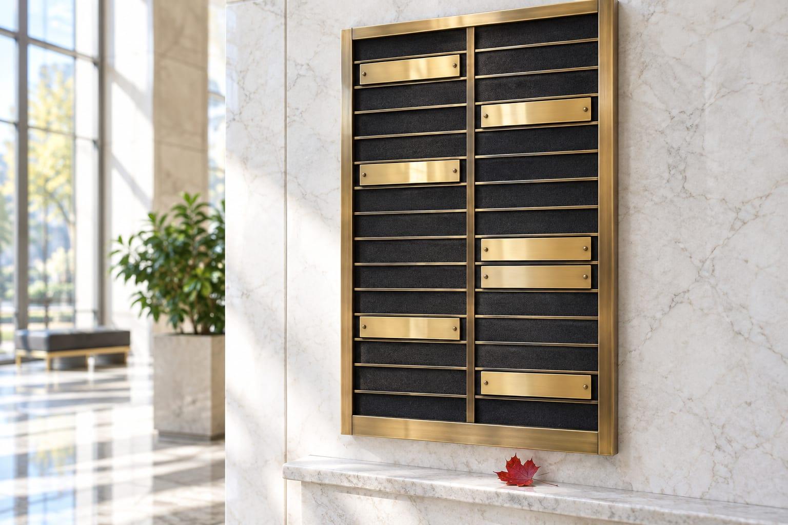 A tall brass-framed directory board on a pale marble lobby wall, most of its slots empty and only a few holding blank brass nameplates, with a single red maple leaf resting on the stone ledge beneath