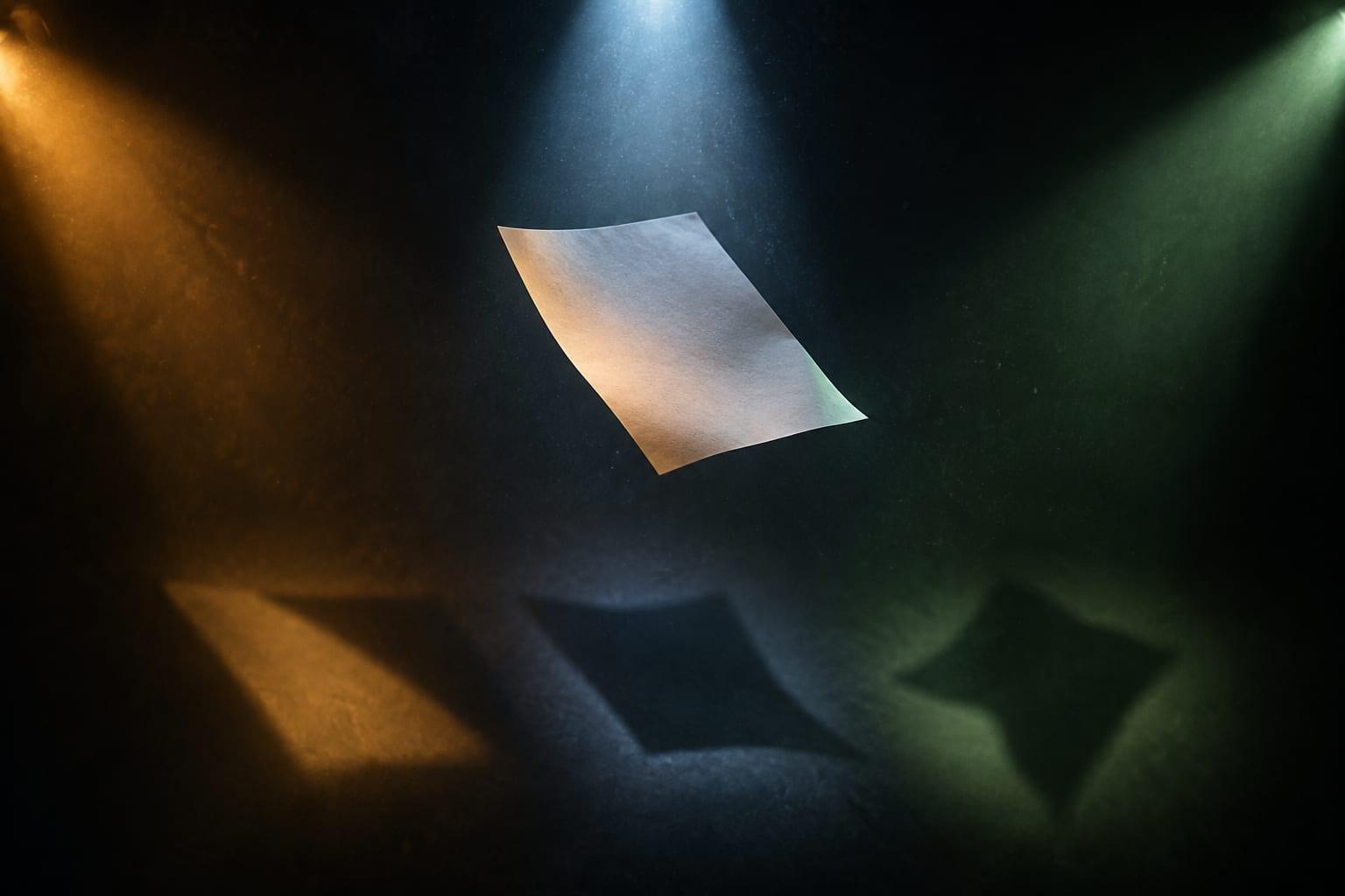 A single blank sheet of paper suspended in mid-air in a dark studio, lit by amber, white and green beams that cast three differently shaped shadows below it