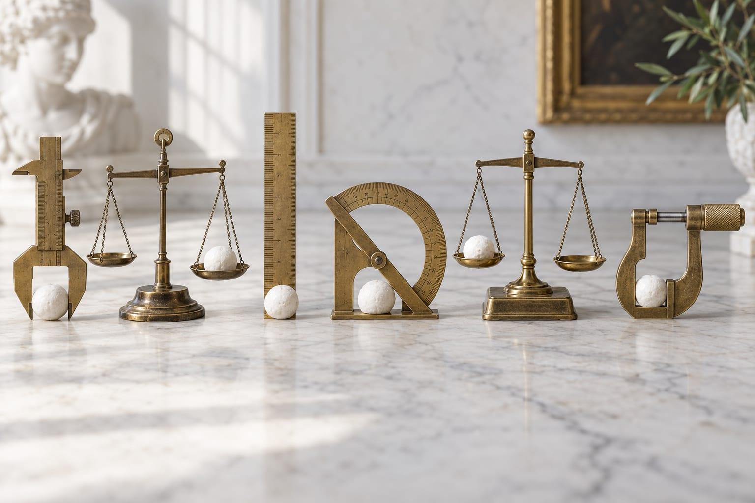 Six antique brass measuring instruments — a caliper, two balance scales, a ruler, a protractor and a micrometer — standing in a row on a white marble surface, each one measuring an identical small white sphere at a different point on its scale