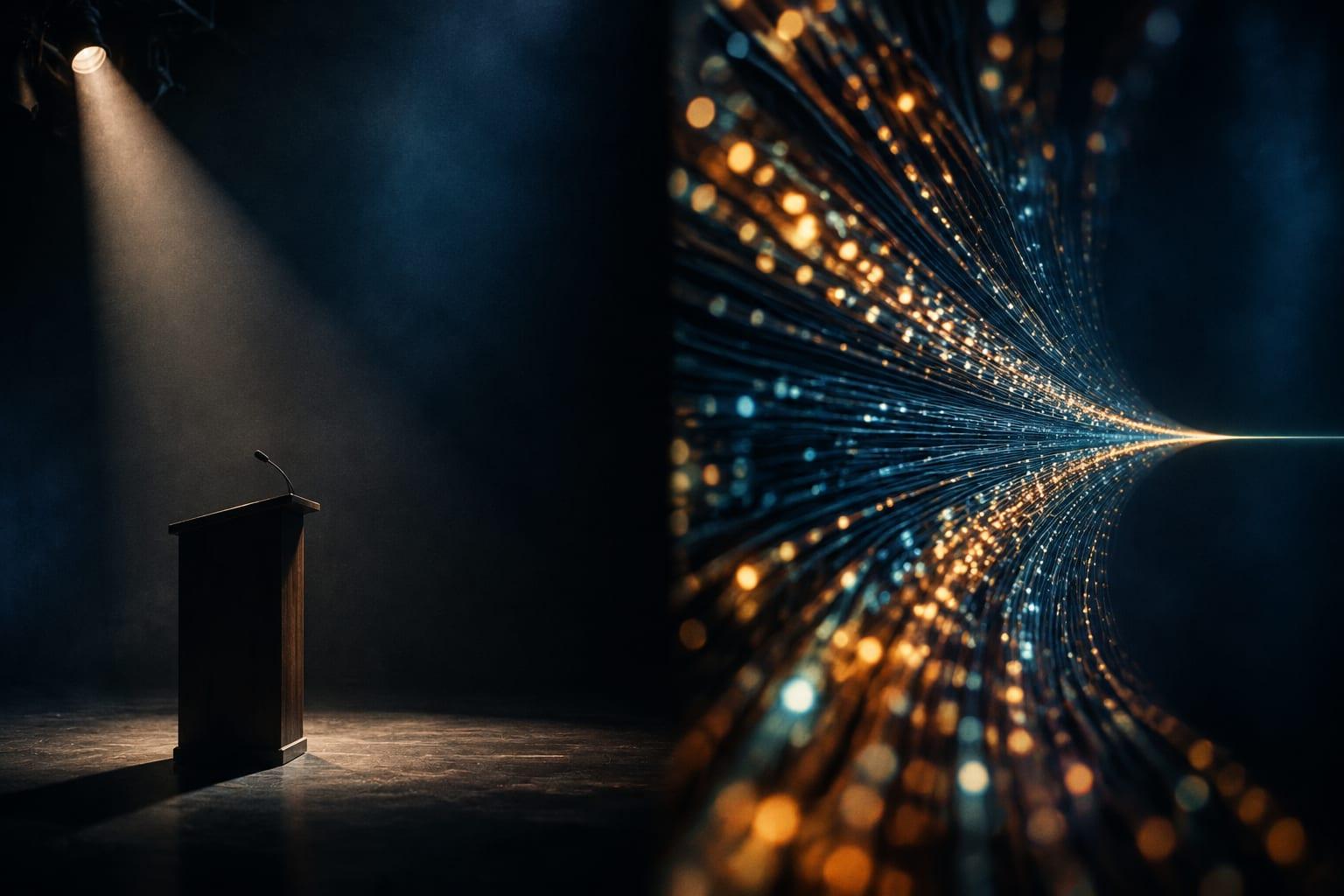 Split scene: an empty wooden lectern with a microphone under a single spotlight on the left, and a dense burst of amber and blue fibre-optic strands converging to a point on the right