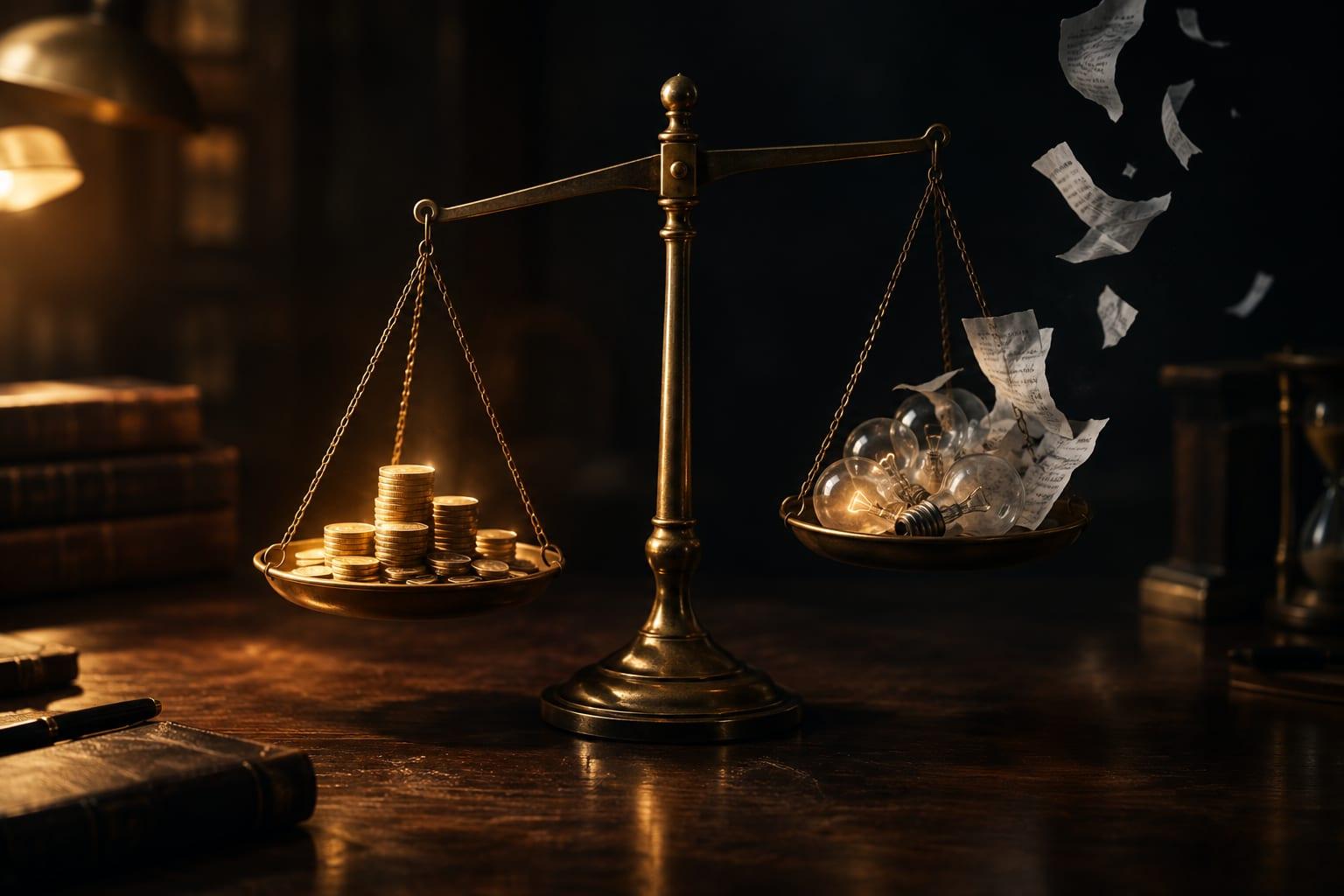 A brass balance scale on a dark desk, gold coins stacked in the left pan outweighing glass lightbulbs and paper receipts in the right, with more receipts blowing away