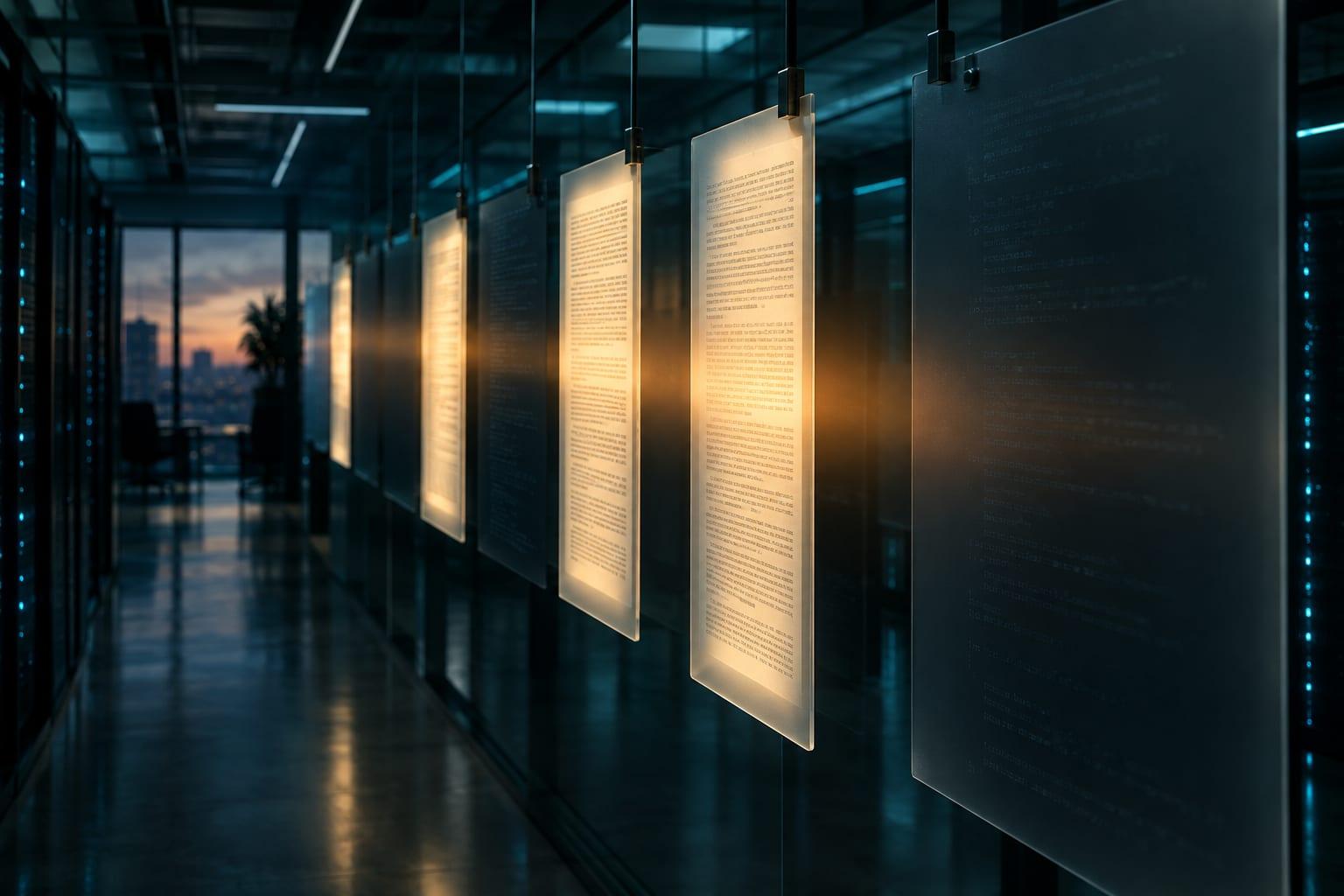 A row of frosted-glass panels covered in unreadable text hanging in a dark office corridor at dusk, some lit warm gold and others dark, with server racks glowing blue along the walls