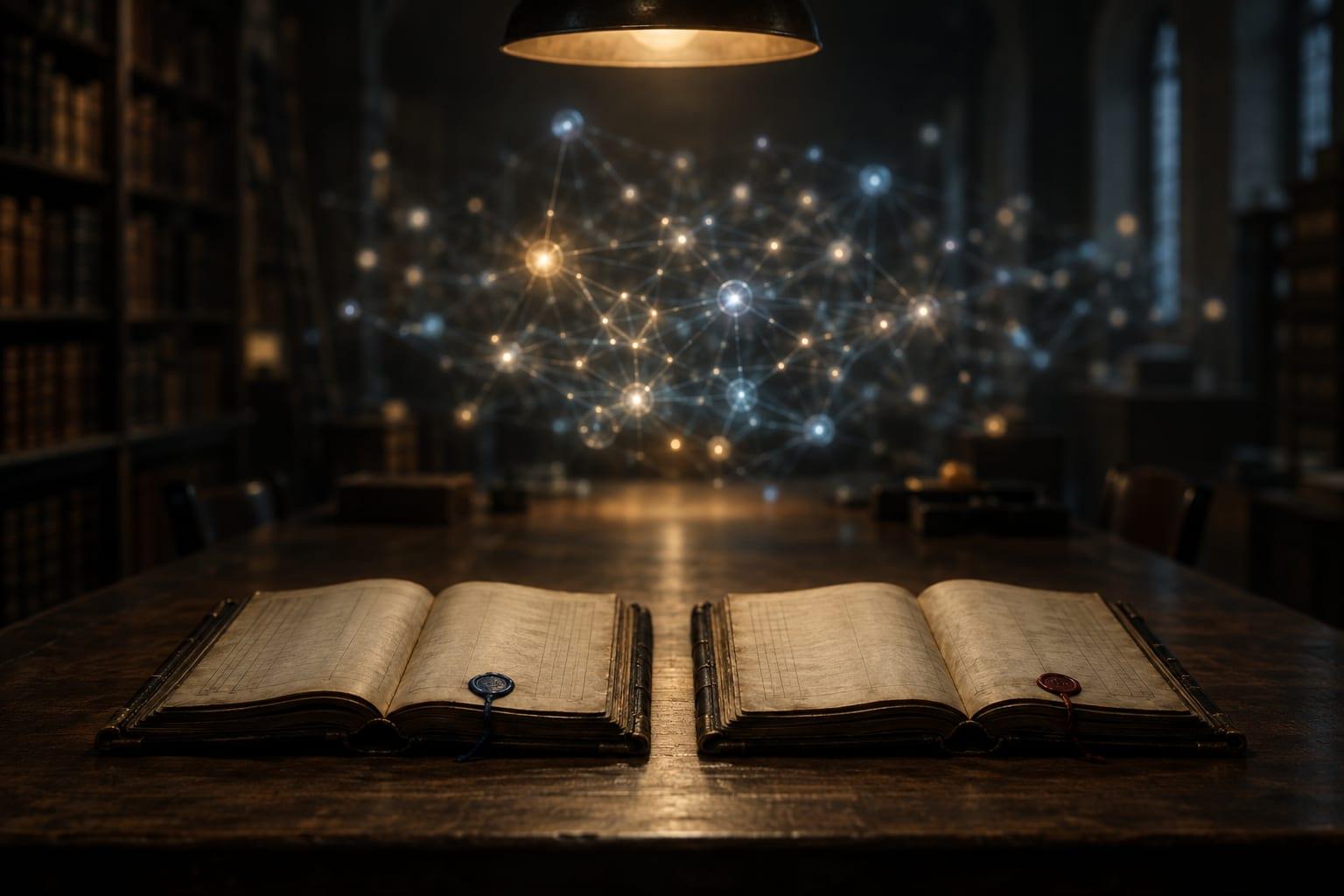 Two large open ledger books with red and blue wax seals on a dark library table, a glowing constellation of connected points floating in the air above them