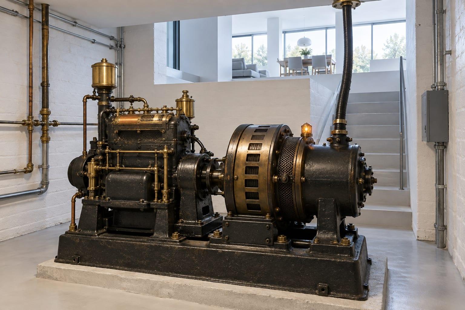 A black and brass antique generator running on a concrete plinth in a white-painted basement, one armoured cable rising from it to a bright modern living room visible through an opening above
