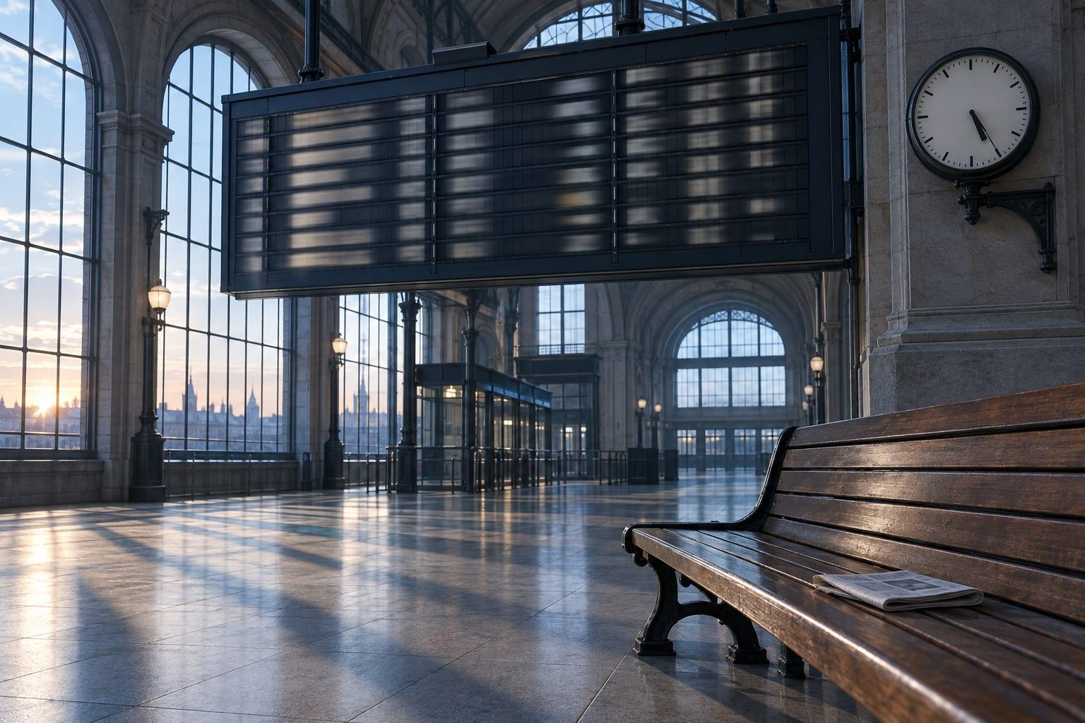 Empty railway station hall at sunrise with a blurred split-flap departures board, a wall clock, and a folded newspaper lying on a wooden bench