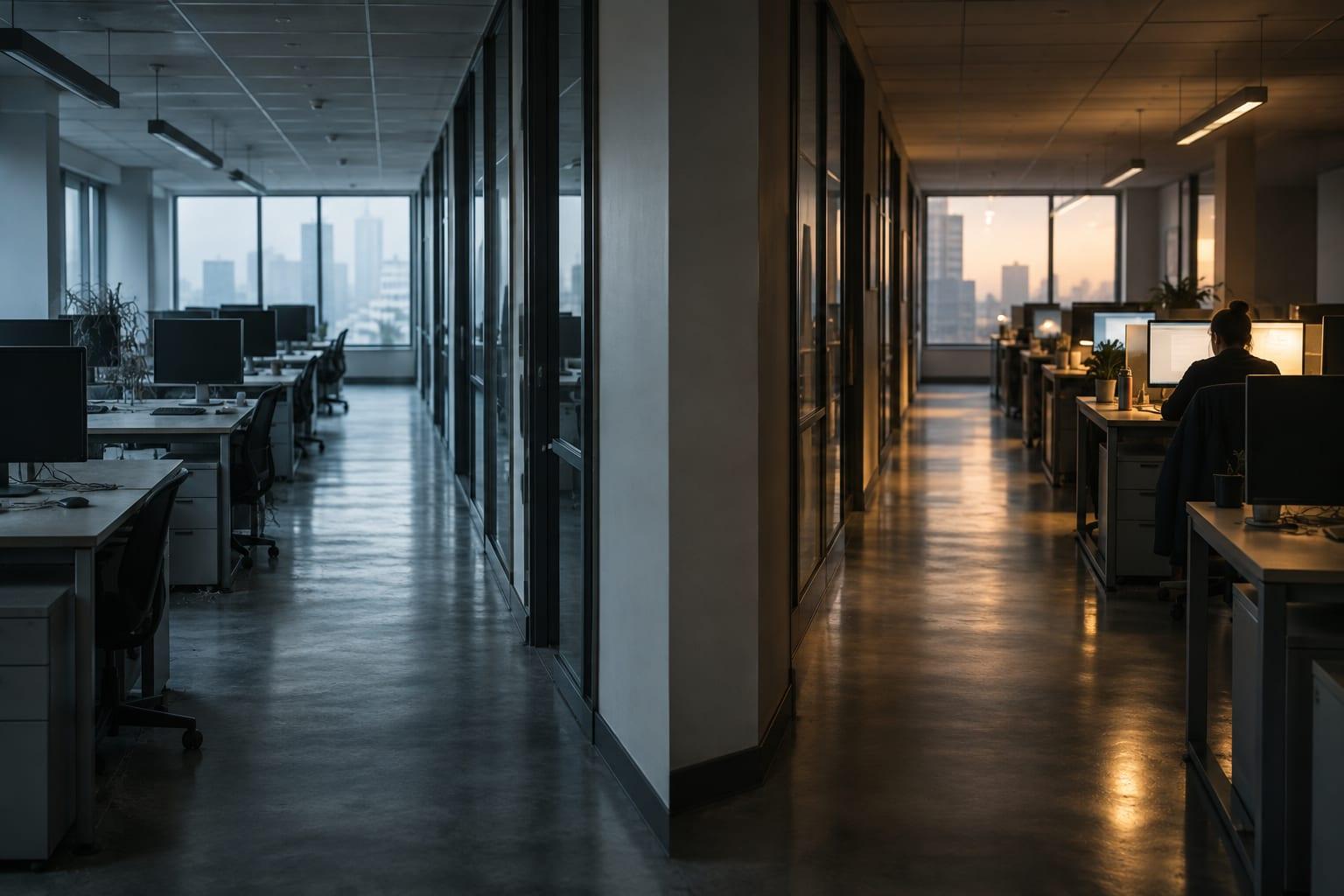 Two office corridors diverging from one point: the left cool and grey with empty desks, the right warmly lit with a single person working at a monitor