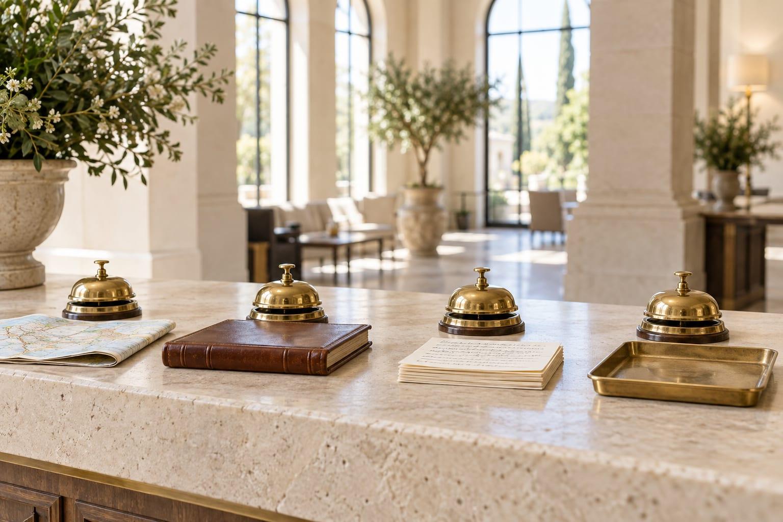 Four identical brass reception bells spaced along a pale limestone counter in a sunlit lobby, each one beside a different object: a folded road map, a leather-bound ledger, a stack of handwritten index cards, and an empty brass tray