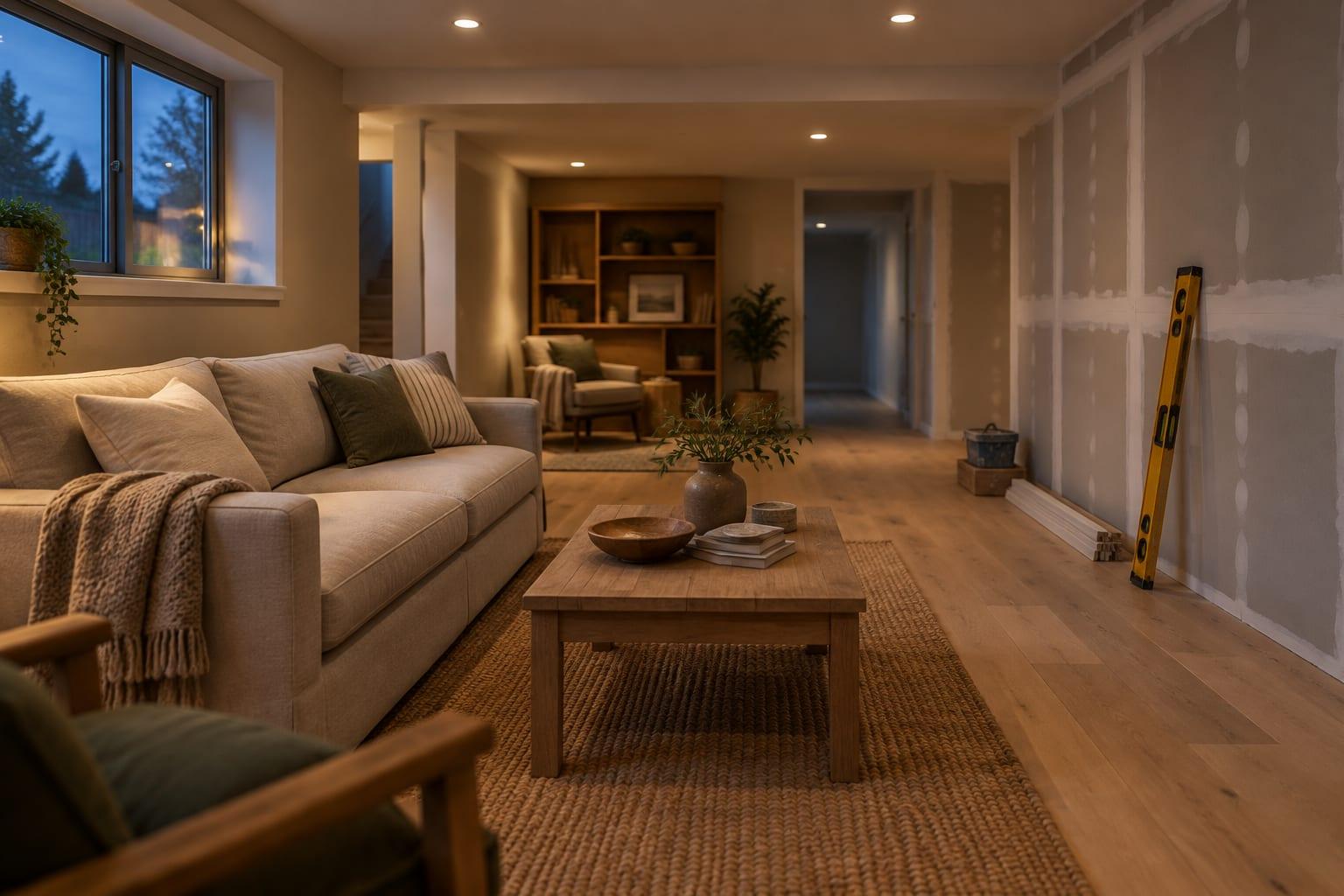 A warmly lit finished basement living room at dusk with a beige sofa, timber coffee table and jute rug, and unfinished taped drywall with a spirit level leaning against it on the right