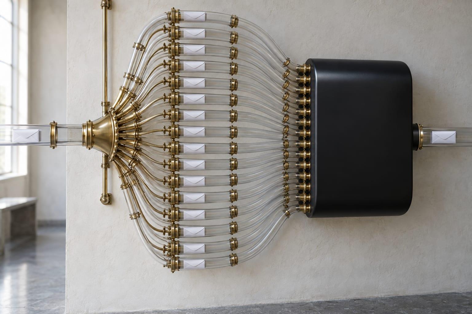 A brass pneumatic-tube manifold on a plaster wall: one glass tube carrying a white envelope splits into about twenty tubes each carrying their own envelope, all converging into a sealed matte-black box that emits a single envelope on the far side