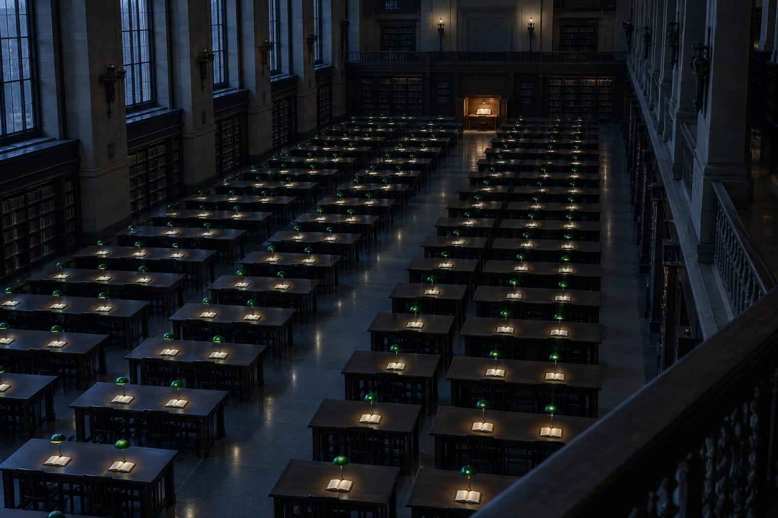 A dim, high-ceilinged library reading room seen from a balcony: long rows of identical desks, each with a small green lamp and an open book, leading to one warmly lit wooden reading carrel at the far end of the hall
