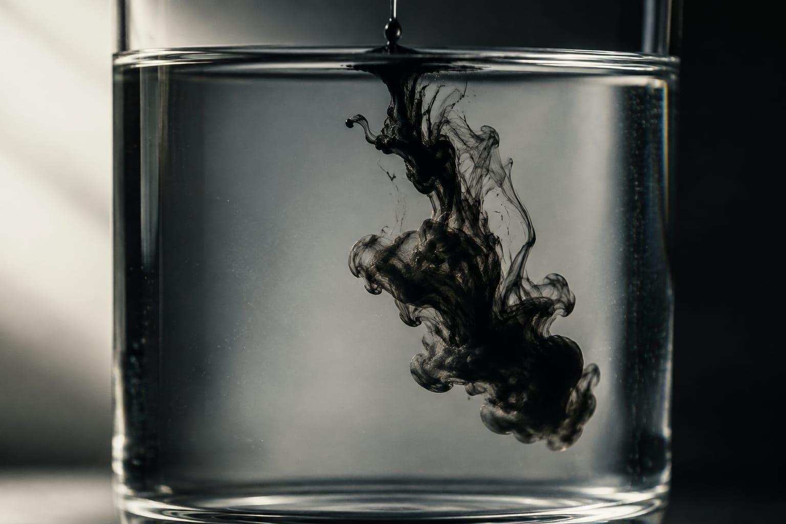 A single drop of black ink dispersing through a glass of clear water, photographed close up in black and white