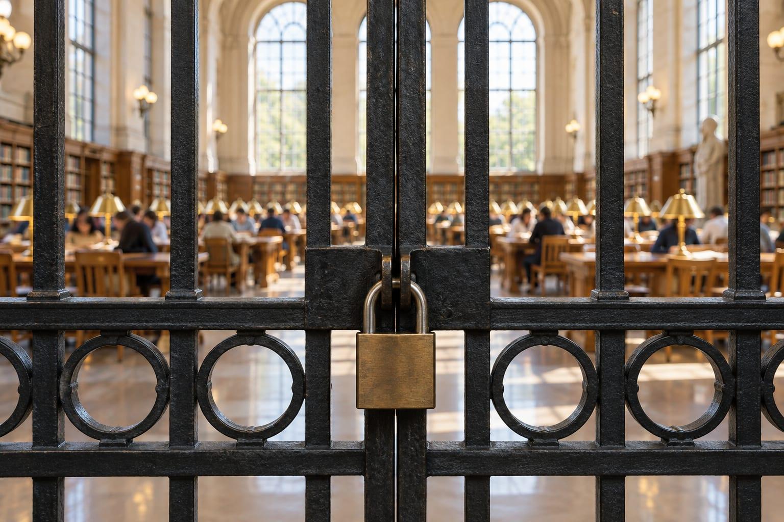 A black wrought-iron gate padlocked shut with a brass padlock, seen from the corridor side, with a large sunlit library reading room full of people at desks still visible and fully lit behind it
