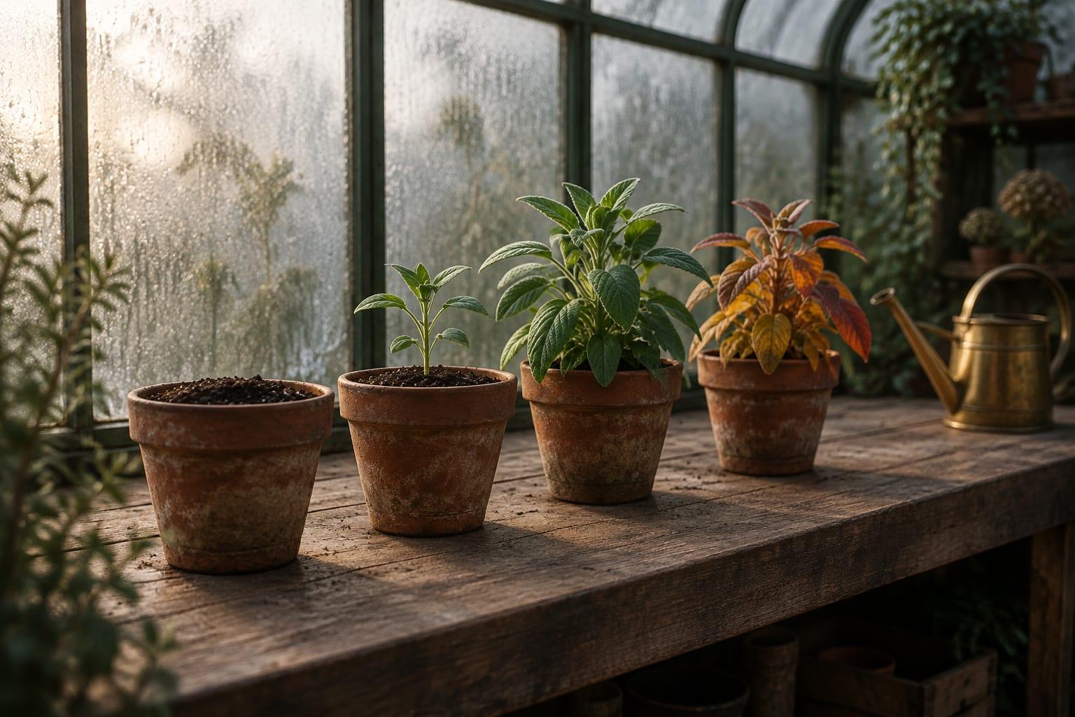 Four weathered terracotta pots in a row on a greenhouse workbench: bare soil, a seedling, a leafy green plant and one in orange autumn colour, with a brass watering can beside them