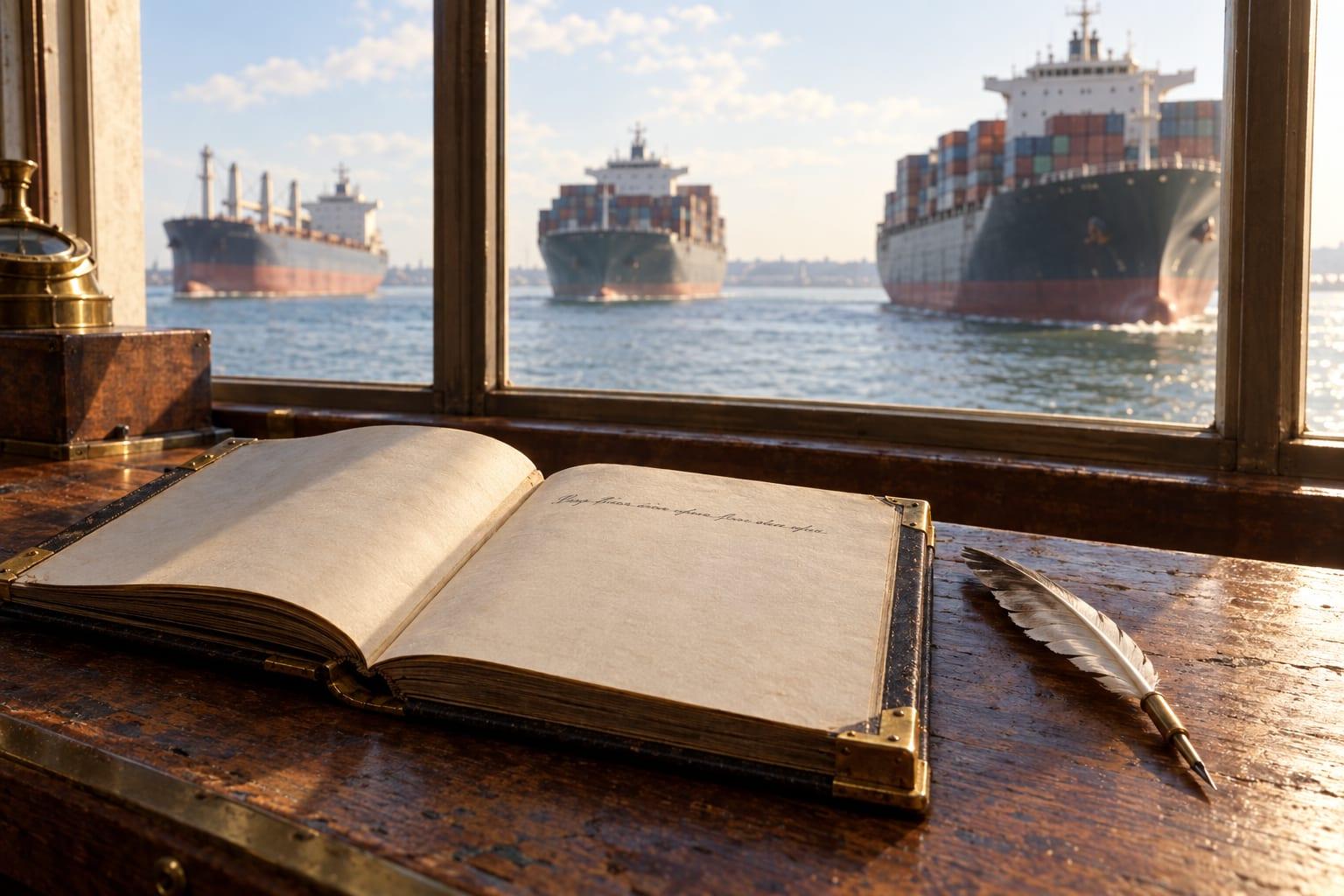 A brass-cornered logbook lying open on a dark wooden windowsill desk, a single short line of handwriting on an otherwise blank page and a quill resting beside it, while three loaded container ships pass across the harbour in bright daylight beyond the window