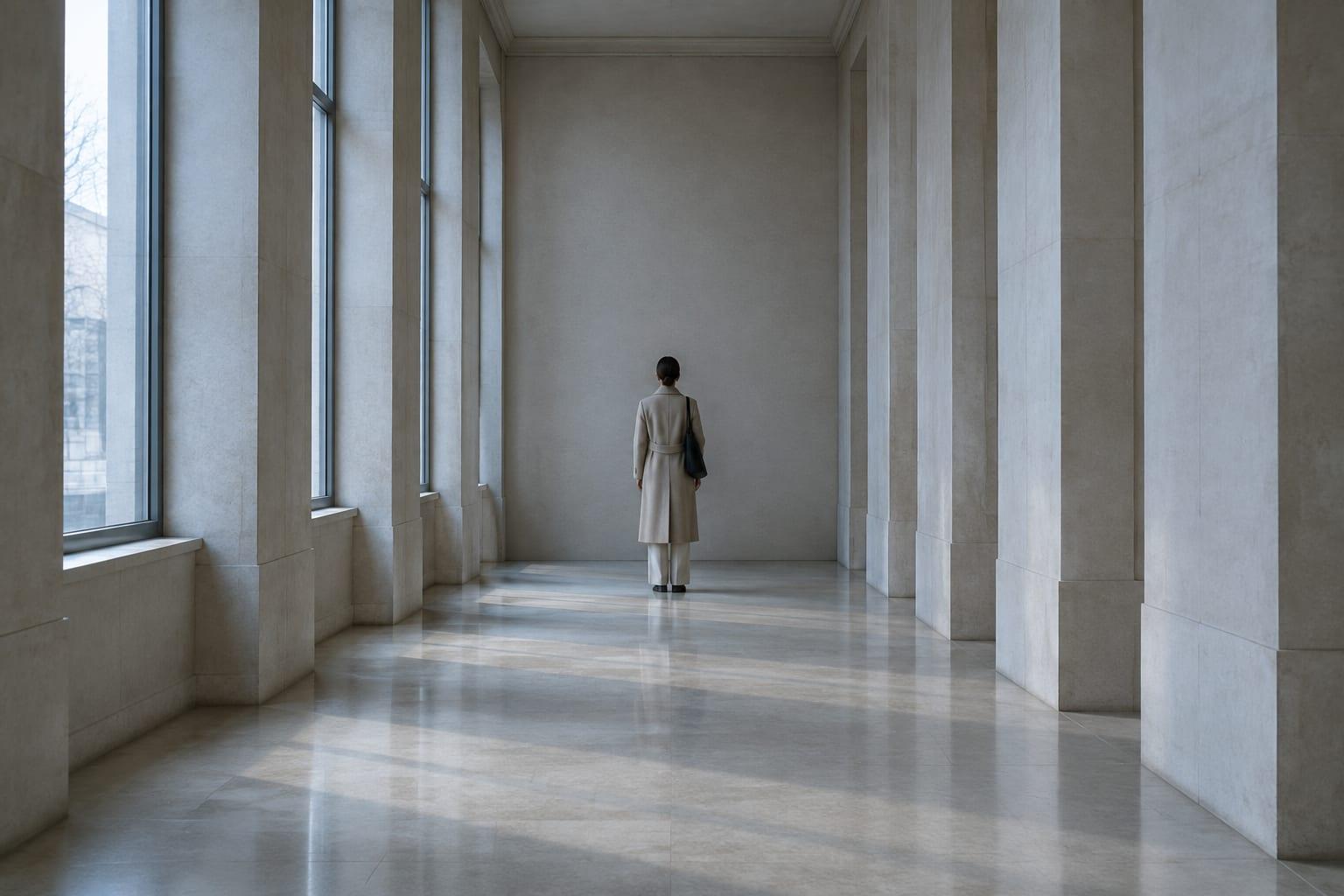 A person in a pale coat seen from behind, standing facing a blank wall at the end of a bright stone colonnade