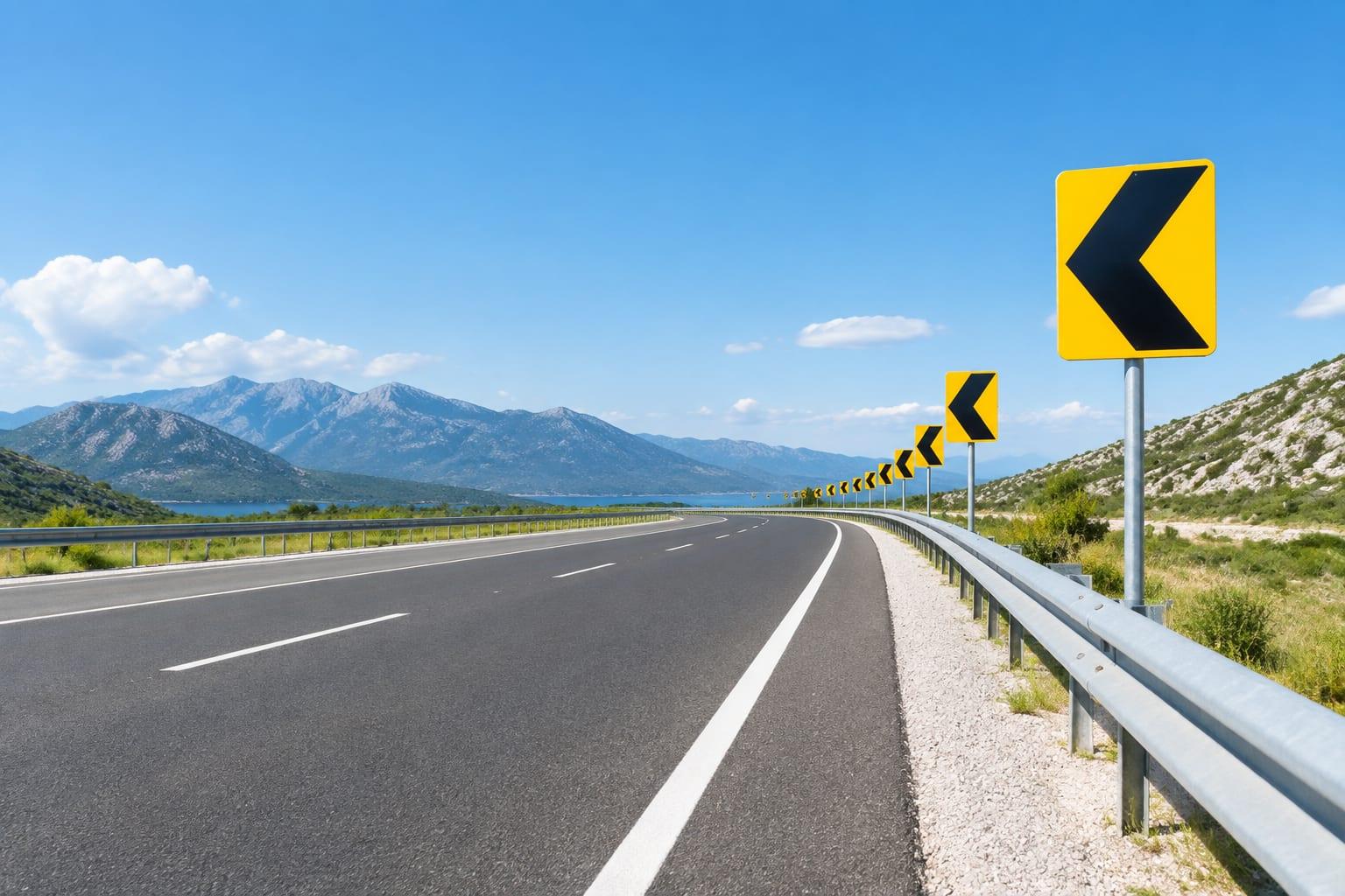 Freshly installed road signs aligned along an empty sunlit highway under a bright blue sky, no vehicles, no people