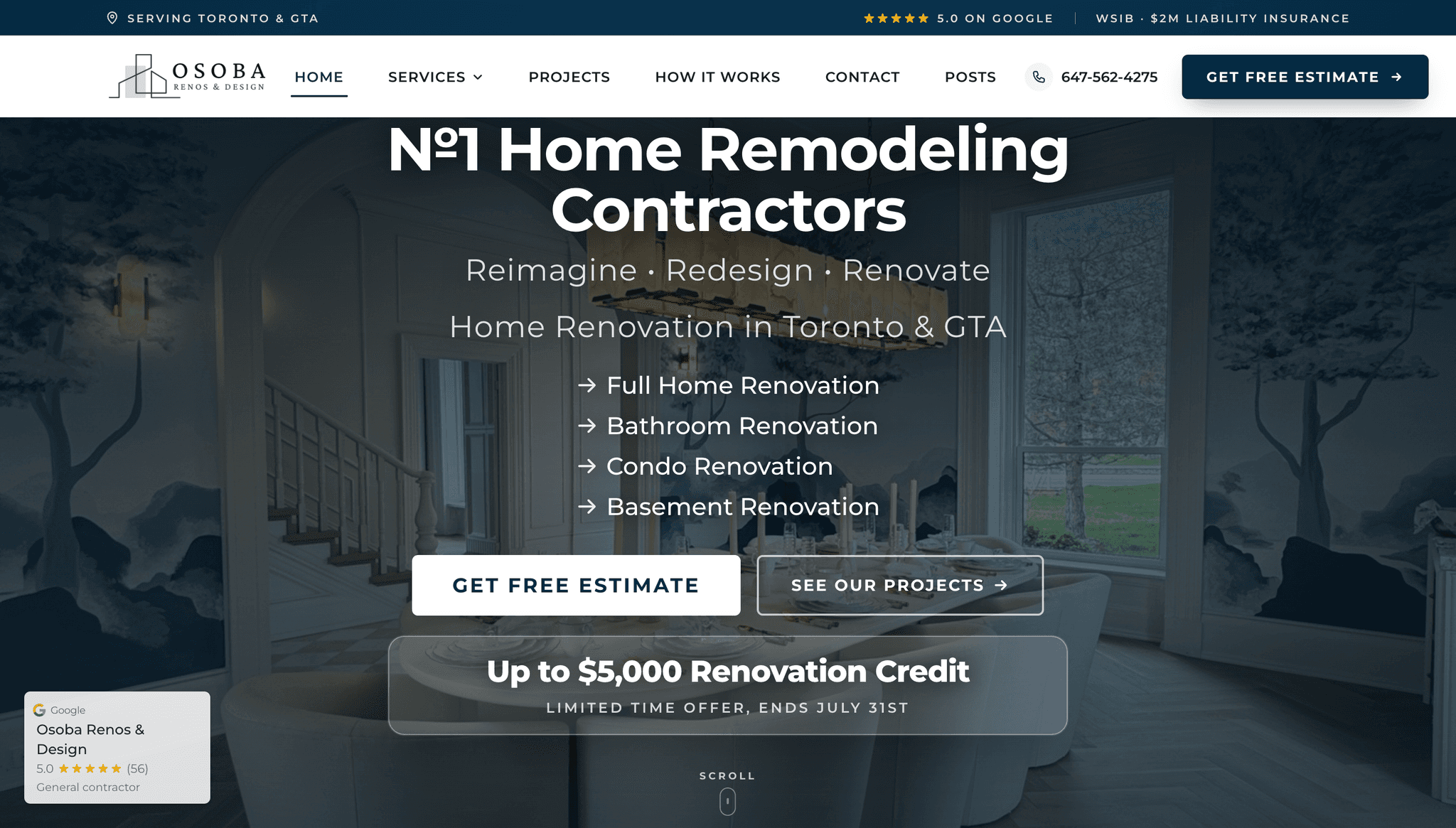 The Osoba Renos website home page, a Toronto and GTA home renovation contractor