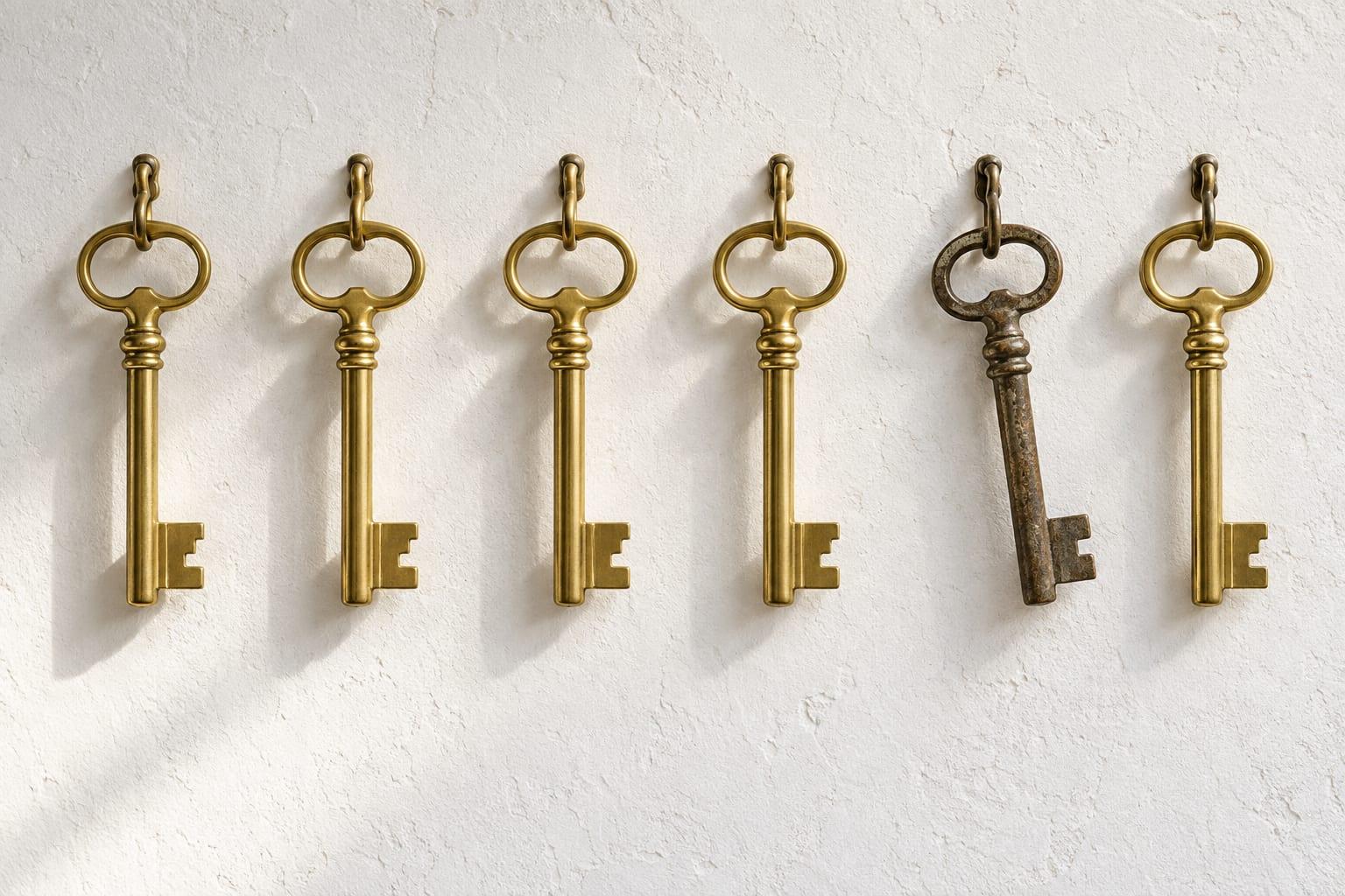 Six identical brass keys hanging in a row on a pale plaster wall, five of them polished and catching the light and one left dull and unturned