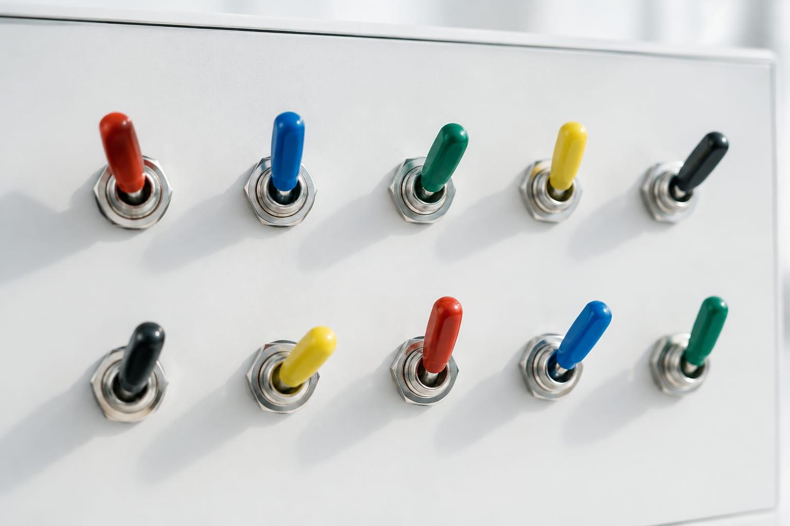 A clean white control panel with several colourful toggle switches in different positions, lit by bright daylight, no labels or text, no people