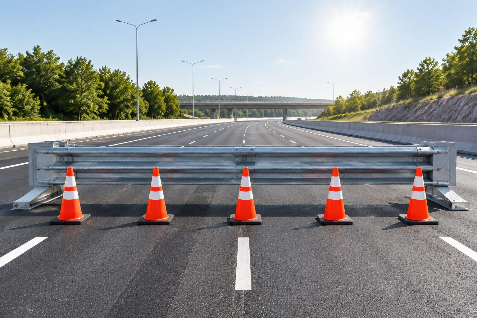 A new metal road barrier with orange traffic cones blocking several empty highway lanes under bright daylight.