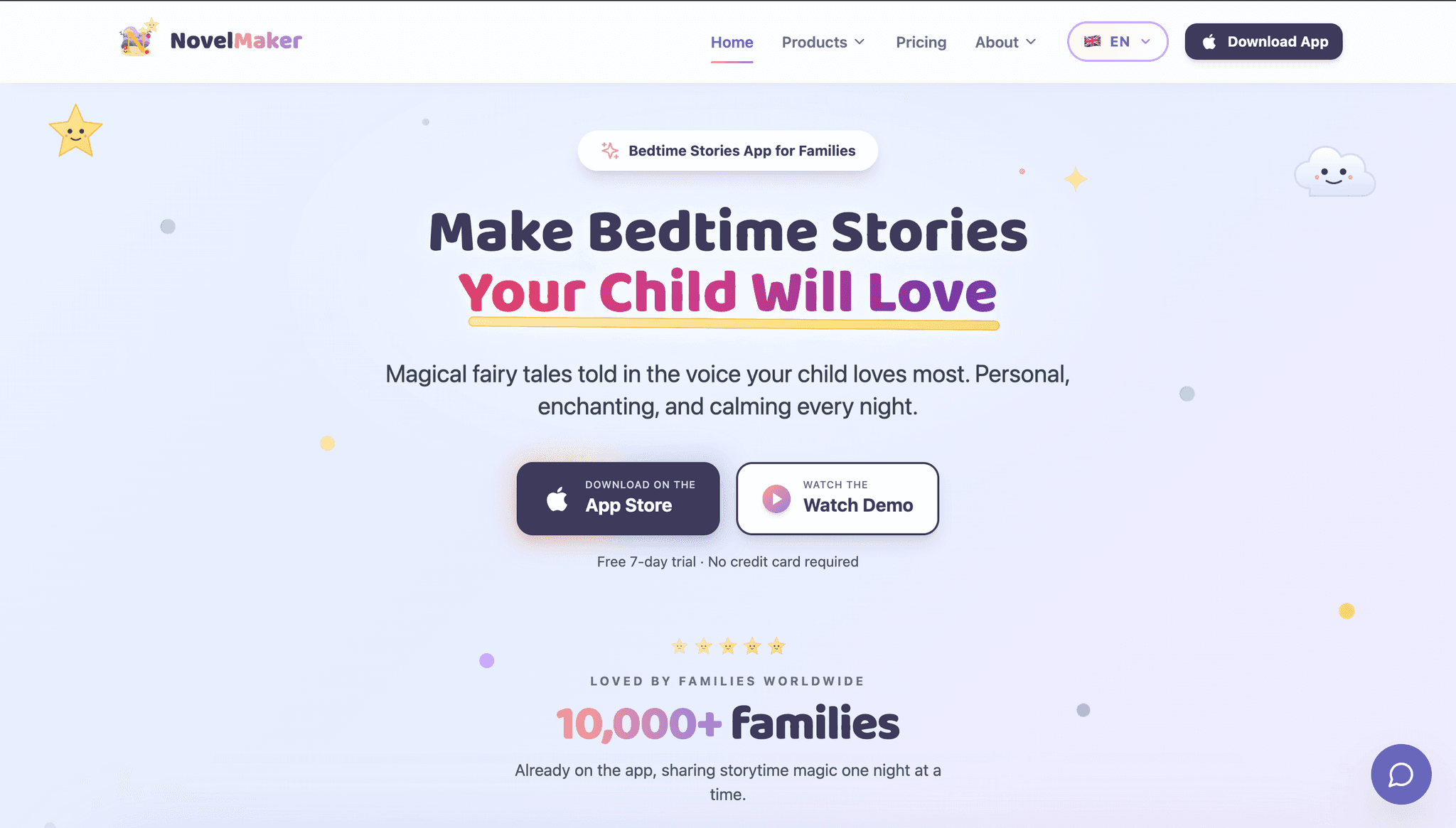 The NovelMaker website home page, an app that generates personalised bedtime stories